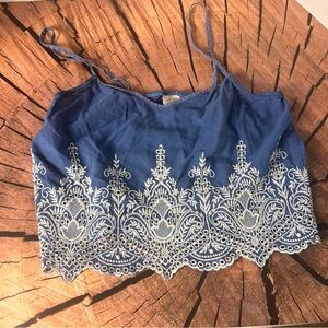 In Bloom Blue and White Lace Trim Bohemian Crop Top Women’s SP